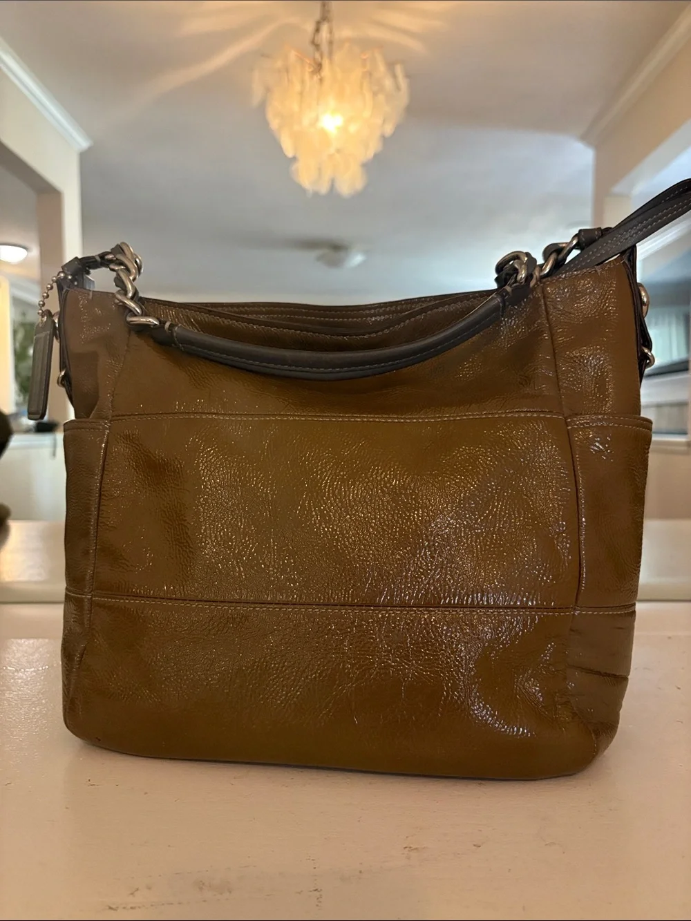 Coach Olive Brown Pebbled Leather Shoulder Bag with Chain Strap